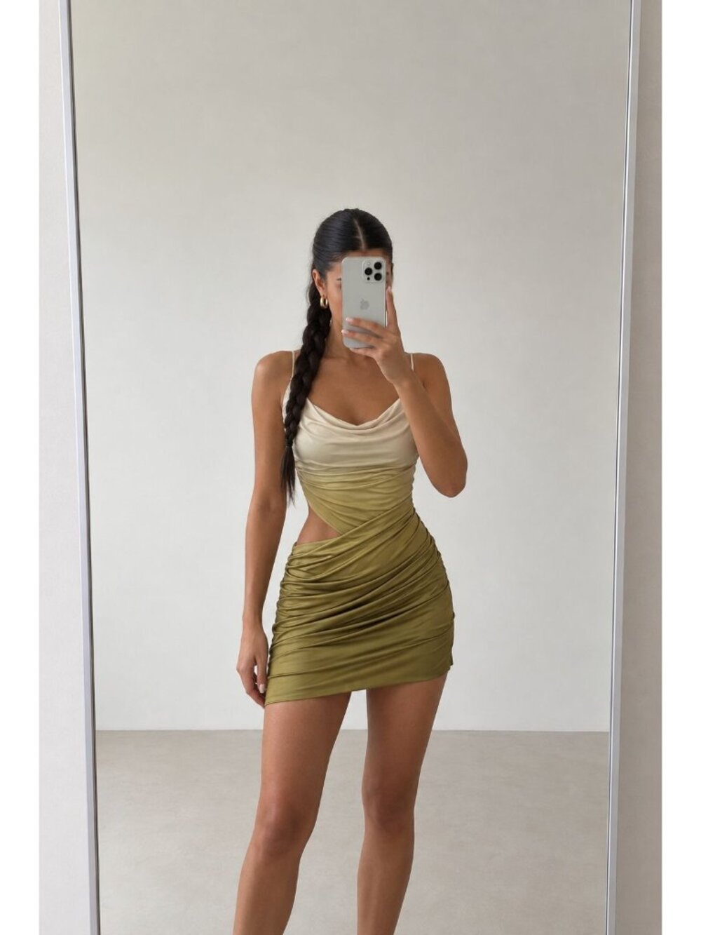 MESHKI Nellie Ombre Vintage Olive Cowl Mini Dress Size M
